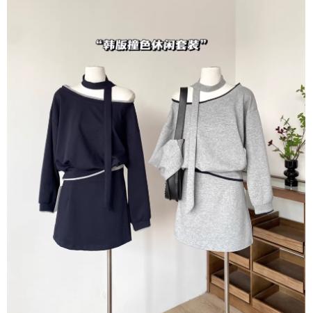 LN76413# 春装新款斜领挂脖绑带长袖卫衣高腰防走光短裙藏青色两件套装