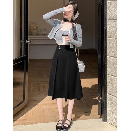 LN76414#秋装高腰半身裙女a字中长款遮胯大摆显瘦法式复古长裙女
