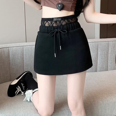 LN76415#蕾丝拼接松紧高腰半身裙女春夏新款休闲防走光百搭包臀卫衣裙