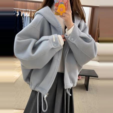 FA52511# 小香风蓝色连帽毛呢外套女秋冬季加厚新款小个子韩系短款大衣  服裝批發女裝批發服飾貨源