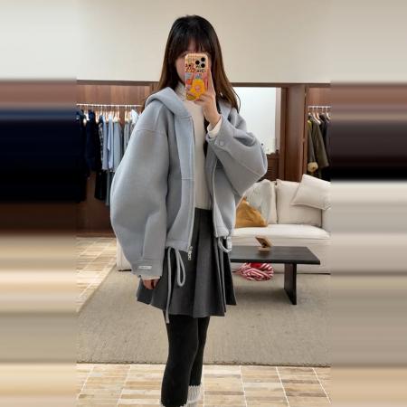 FA52511# 小香风蓝色连帽毛呢外套女秋冬季加厚新款小个子韩系短款大衣  服裝批發女裝批發服飾貨源