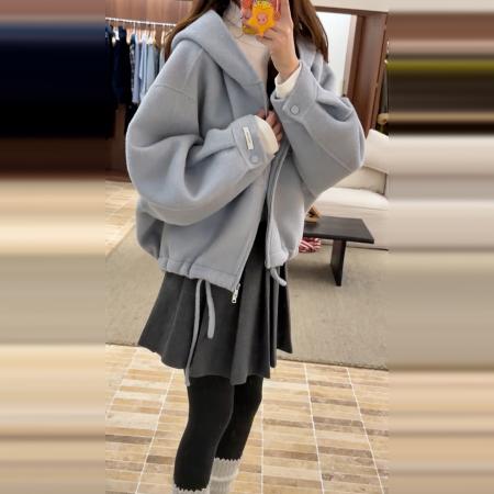 FA52511# 小香风蓝色连帽毛呢外套女秋冬季加厚新款小个子韩系短款大衣  服裝批發女裝批發服飾貨源