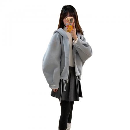 FA52511# 小香风蓝色连帽毛呢外套女秋冬季加厚新款小个子韩系短款大衣  服裝批發女裝批發服飾貨源