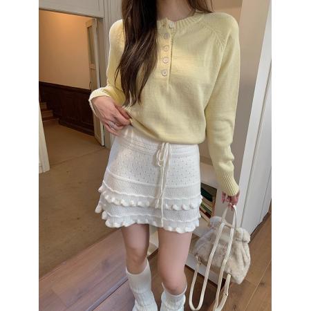 FA52512# 韩系针织半身短裙女秋冬新款设计感抽绳显瘦高腰蛋糕木耳边a字裙  服裝批發女裝批發服飾貨源