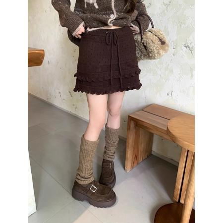 FA52512# 韩系针织半身短裙女秋冬新款设计感抽绳显瘦高腰蛋糕木耳边a字裙  服裝批發女裝批發服飾貨源