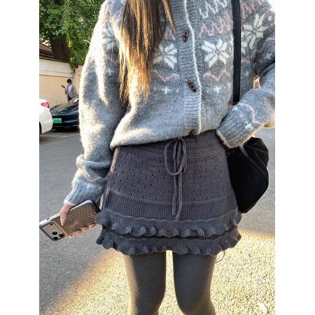 FA52512# 韩系针织半身短裙女秋冬新款设计感抽绳显瘦高腰蛋糕木耳边a字裙  服裝批發女裝批發服飾貨源