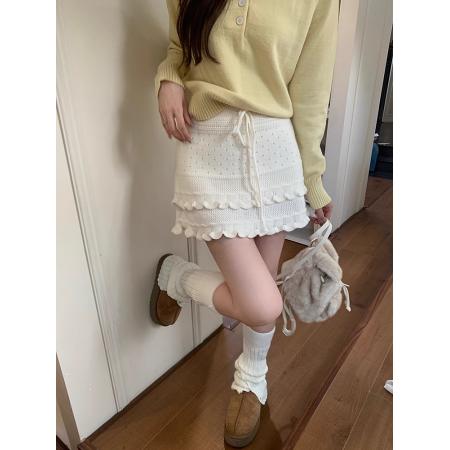 FA52512# 韩系针织半身短裙女秋冬新款设计感抽绳显瘦高腰蛋糕木耳边a字裙  服裝批發女裝批發服飾貨源
