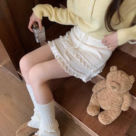 FA52512# 韩系针织半身短裙女秋冬新款设计感抽绳显瘦高腰蛋糕木耳边a字裙  服裝批發女裝批發服飾貨源