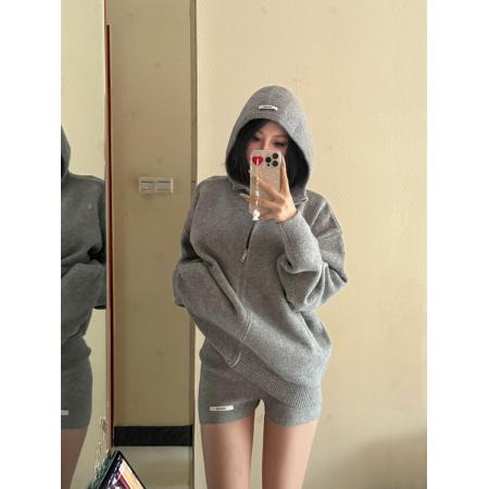 FA52513# 复古时尚套装女秋冬连帽毛衣开衫显瘦针织短裤韩版休闲洋气两件套  服裝批發女裝批發服飾貨源