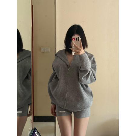 FA52513# 复古时尚套装女秋冬连帽毛衣开衫显瘦针织短裤韩版休闲洋气两件套  服裝批發女裝批發服飾貨源