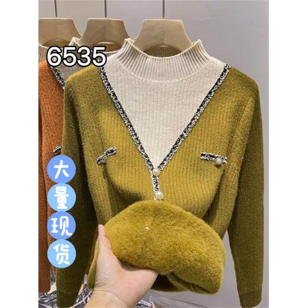 FA52519# 半高领加厚一体绒毛衣女冬假两件洋气拼色内搭长袖针织打底衫加绒  服裝批發女裝批發服飾貨源
