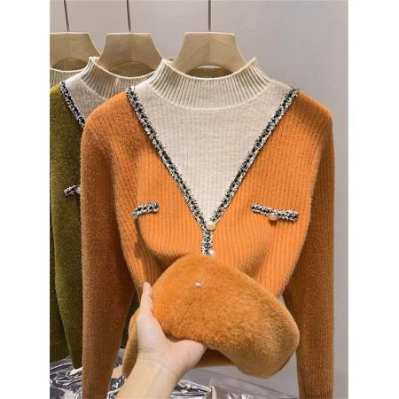 FA52519# 半高领加厚一体绒毛衣女冬假两件洋气拼色内搭长袖针织打底衫加绒  服裝批發女裝批發服飾貨源