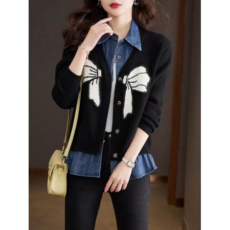 FA52532# 春秋款针织衫开衫女毛衣外套春季短款毛线外搭春装衬衫假两件上衣  服裝批發女裝批發服飾貨源