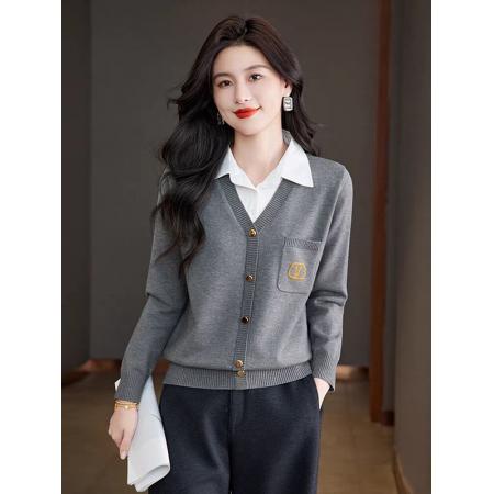 FA52533# 假两件针织衫上衣女秋冬新款拼接白色衬衫领套头女士毛衣打底衫  服裝批發女裝批發服飾貨源