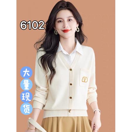 FA52533# 假两件针织衫上衣女秋冬新款拼接白色衬衫领套头女士毛衣打底衫  服裝批發女裝批發服飾貨源