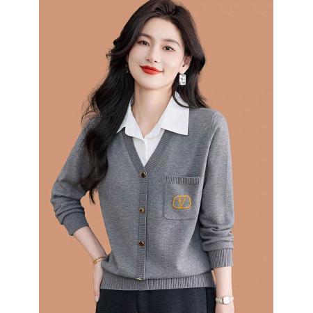 FA52533# 假两件针织衫上衣女秋冬新款拼接白色衬衫领套头女士毛衣打底衫  服裝批發女裝批發服飾貨源