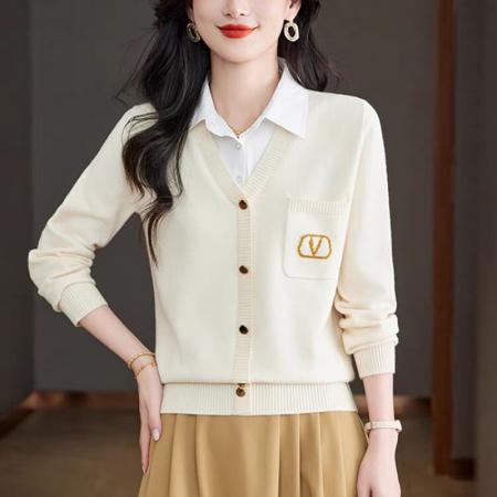 FA52533# 假两件针织衫上衣女秋冬新款拼接白色衬衫领套头女士毛衣打底衫  服裝批發女裝批發服飾貨源