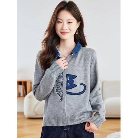 FA52534# 牛仔拼接衬衫领针织开衫女春秋新款翻领刺绣毛衣外套短款外搭  服裝批發女裝批發服飾貨源