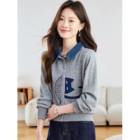 FA52534# 牛仔拼接衬衫领针织开衫女春秋新款翻领刺绣毛衣外套短款外搭  服裝批發女裝批發服飾貨源
