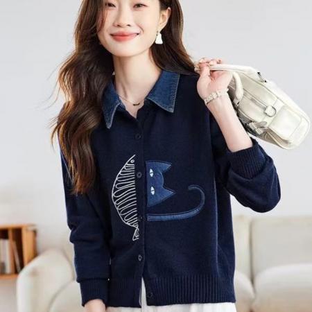 FA52534# 牛仔拼接衬衫领针织开衫女春秋新款翻领刺绣毛衣外套短款外搭  服裝批發女裝批發服飾貨源