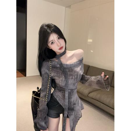 FA52539# 法式复古扎染一字肩长袖T恤手工磨破飘带显瘦不规则上衣  服裝批發女裝批發服飾貨源