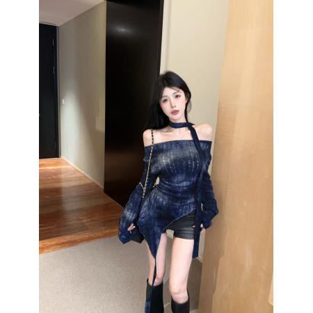 FA52539# 法式复古扎染一字肩长袖T恤手工磨破飘带显瘦不规则上衣  服裝批發女裝批發服飾貨源