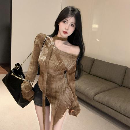 FA52539# 法式复古扎染一字肩长袖T恤手工磨破飘带显瘦不规则上衣  服裝批發女裝批發服飾貨源