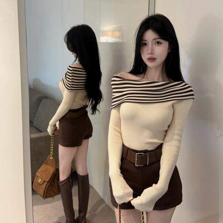 FA52540# 针织衫女新款秋季修身显瘦斜肩上衣露肩内搭打底衫女  服裝批發女裝批發服飾貨源