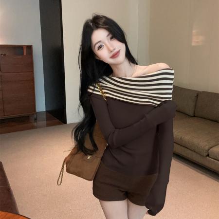 FA52540# 针织衫女新款秋季修身显瘦斜肩上衣露肩内搭打底衫女  服裝批發女裝批發服飾貨源