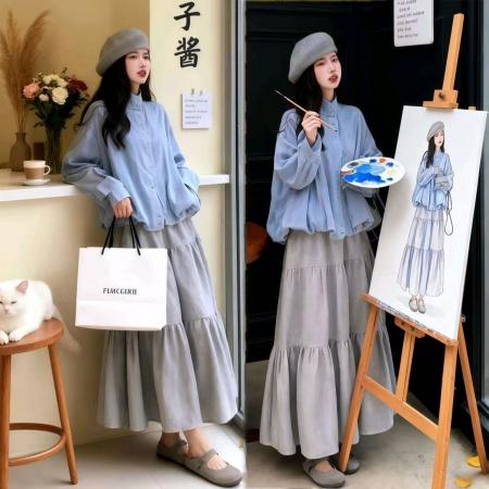 FA52543# 韩系通勤套装女秋冬新款宽松气质立领夹克外套高腰半身裙两件套潮  服裝批發女裝批發服飾貨源