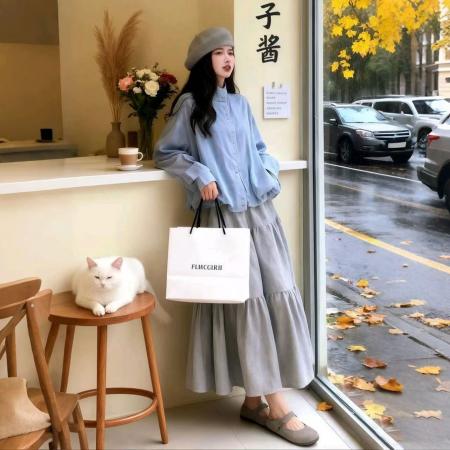 FA52543# 韩系通勤套装女秋冬新款宽松气质立领夹克外套高腰半身裙两件套潮  服裝批發女裝批發服飾貨源