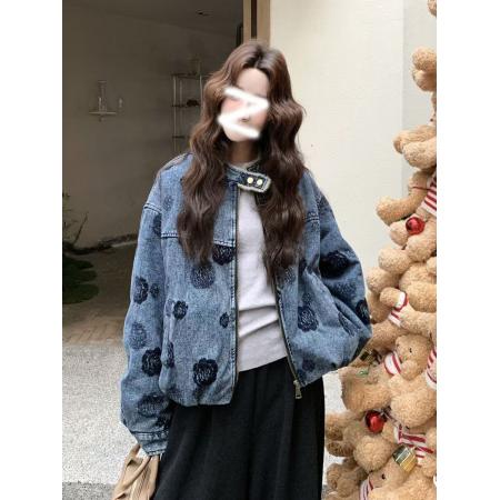 FA52544# 独特超好看时髦印花牛仔派克服女冬季百搭加厚羊羔毛短款棉服  服裝批發女裝批發服飾貨源