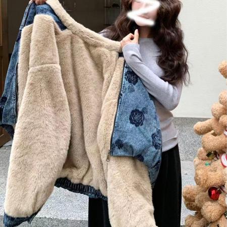 FA52544# 独特超好看时髦印花牛仔派克服女冬季百搭加厚羊羔毛短款棉服  服裝批發女裝批發服飾貨源