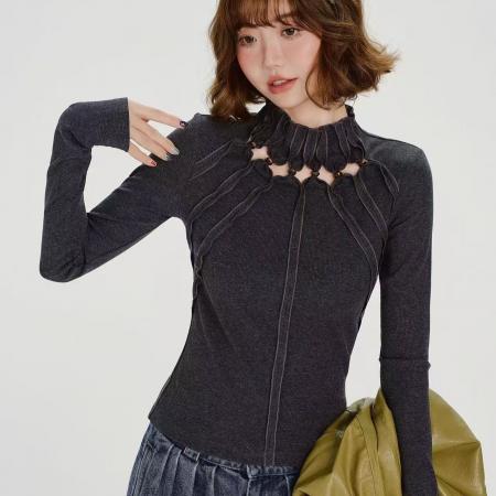 FA52546# 大码爆款美式复古辣妹镂空长袖t恤女春秋新款设计感修身显瘦上衣  服裝批發女裝批發服飾貨源