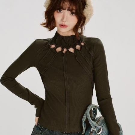 FA52546# 大码爆款美式复古辣妹镂空长袖t恤女春秋新款设计感修身显瘦上衣  服裝批發女裝批發服飾貨源