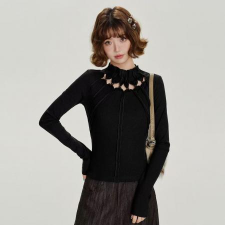 FA52546# 大码爆款美式复古辣妹镂空长袖t恤女春秋新款设计感修身显瘦上衣  服裝批發女裝批發服飾貨源