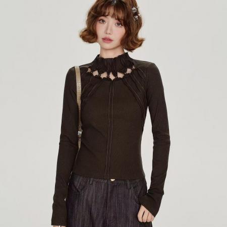 FA52546# 大码爆款美式复古辣妹镂空长袖t恤女春秋新款设计感修身显瘦上衣  服裝批發女裝批發服飾貨源