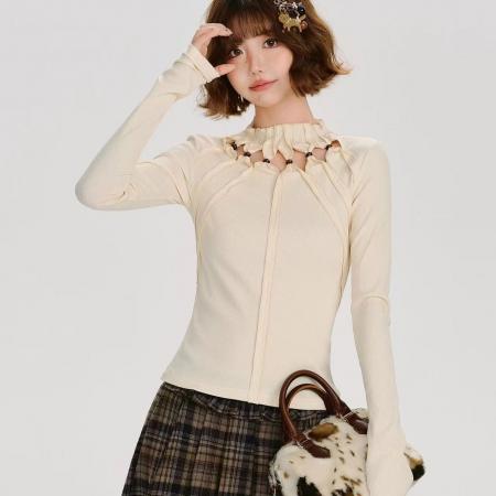 FA52546# 大码爆款美式复古辣妹镂空长袖t恤女春秋新款设计感修身显瘦上衣  服裝批發女裝批發服飾貨源