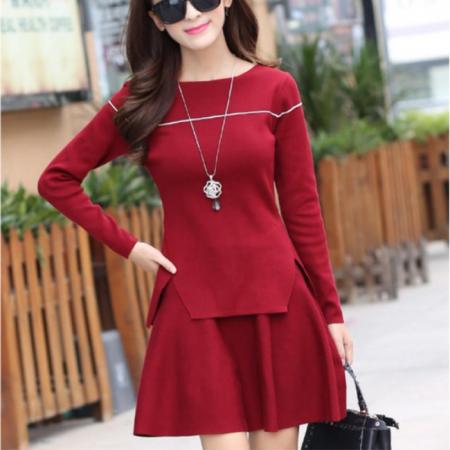 FA52551# 春秋装新款针织套头开叉上衣+针织短裙两件套套装  服裝批發女裝批發服飾貨源