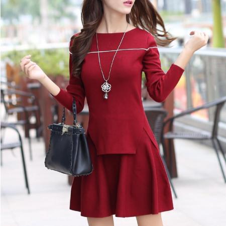 FA52551# 春秋装新款针织套头开叉上衣+针织短裙两件套套装  服裝批發女裝批發服飾貨源