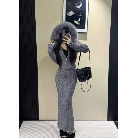 FA52553# 新款气质名媛连帽拉链针织衫毛衣外套半身裙两件套女冬季时尚套装  服裝批發女裝批發服飾貨源