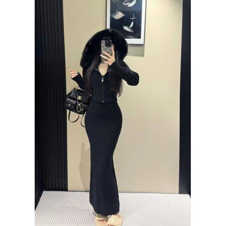 FA52553# 新款气质名媛连帽拉链针织衫毛衣外套半身裙两件套女冬季时尚套装  服裝批發女裝批發服飾貨源