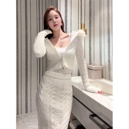 FA52553# 新款气质名媛连帽拉链针织衫毛衣外套半身裙两件套女冬季时尚套装  服裝批發女裝批發服飾貨源