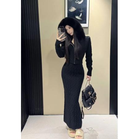 FA52553# 新款气质名媛连帽拉链针织衫毛衣外套半身裙两件套女冬季时尚套装  服裝批發女裝批發服飾貨源