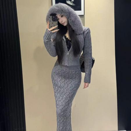 FA52553# 新款气质名媛连帽拉链针织衫毛衣外套半身裙两件套女冬季时尚套装  服裝批發女裝批發服飾貨源