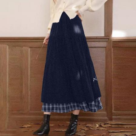 FA52554# 灯芯绒拼接格纹长款半裙秋冬加厚日系高腰显瘦蝴蝶结A字长裙  服裝批發女裝批發服飾貨源