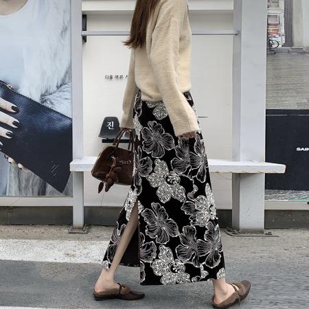 FA52555# 新款秋冬摩登重工刺绣亮片丝绒半身裙女高腰直筒中长裙  服裝批發女裝批發服飾貨源