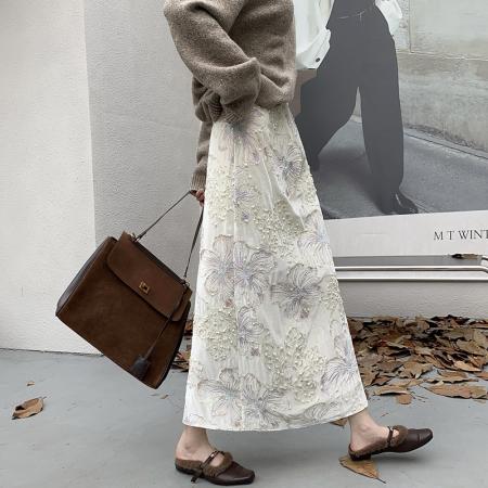 FA52555# 新款秋冬摩登重工刺绣亮片丝绒半身裙女高腰直筒中长裙  服裝批發女裝批發服飾貨源