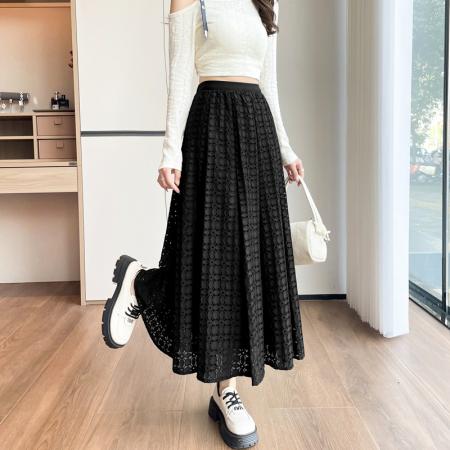 FA52556# 新款加厚高腰蕾丝拼接丝绒中长款a字松紧腰大摆遮胯伞裙  服裝批發女裝批發服飾貨源