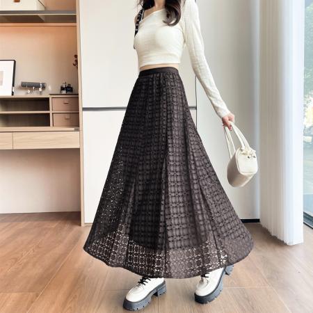 FA52556# 新款加厚高腰蕾丝拼接丝绒中长款a字松紧腰大摆遮胯伞裙  服裝批發女裝批發服飾貨源